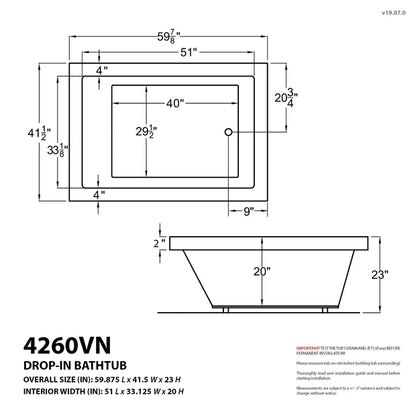 Venetian 42 x 60 Rectangular Air Jetted Bathtub with Reversible Drain