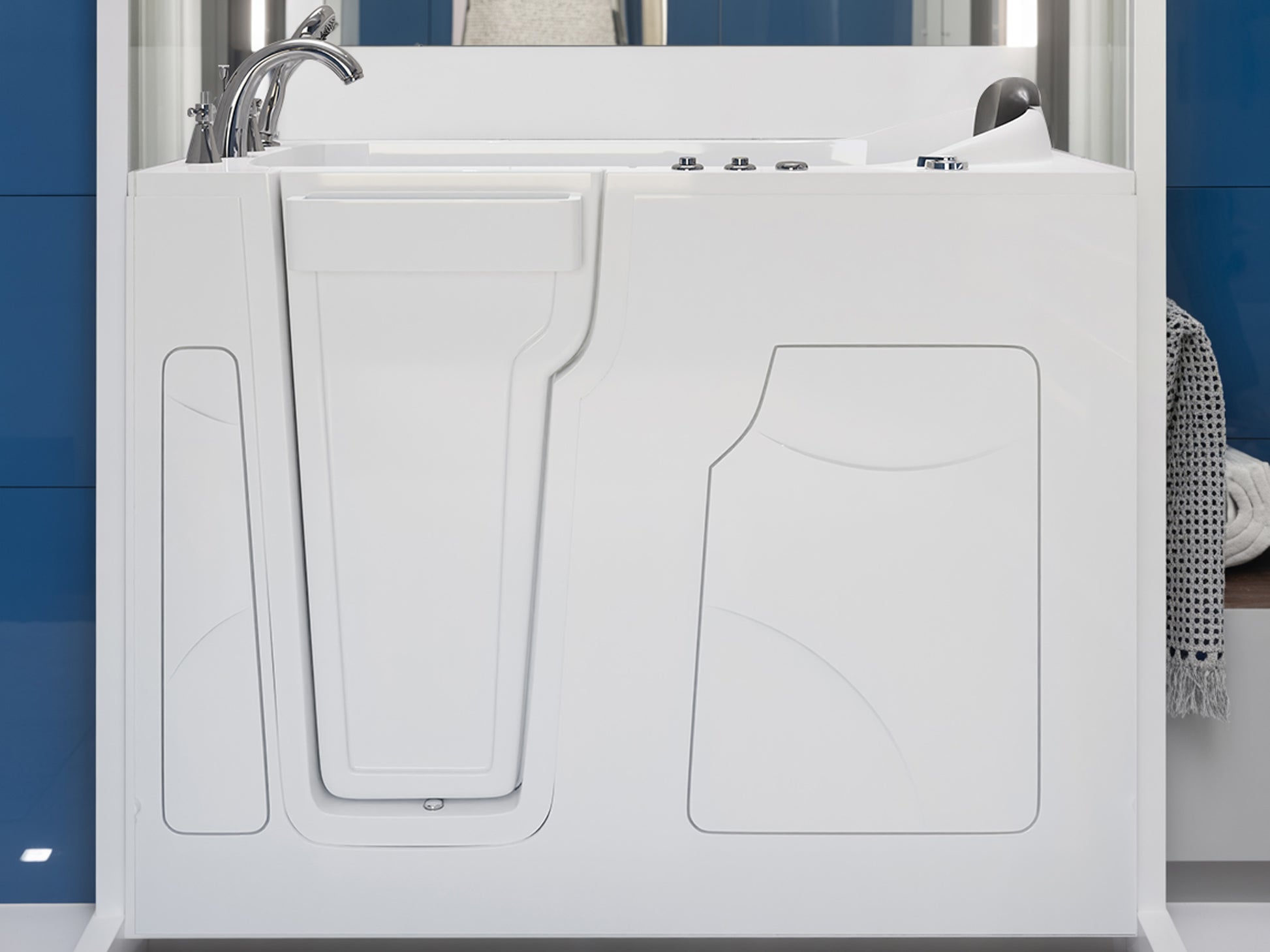 Celeste Series white left-drain whirlpool jetted alcove walk-in tub, 53–60 in x 28 in, MediTub