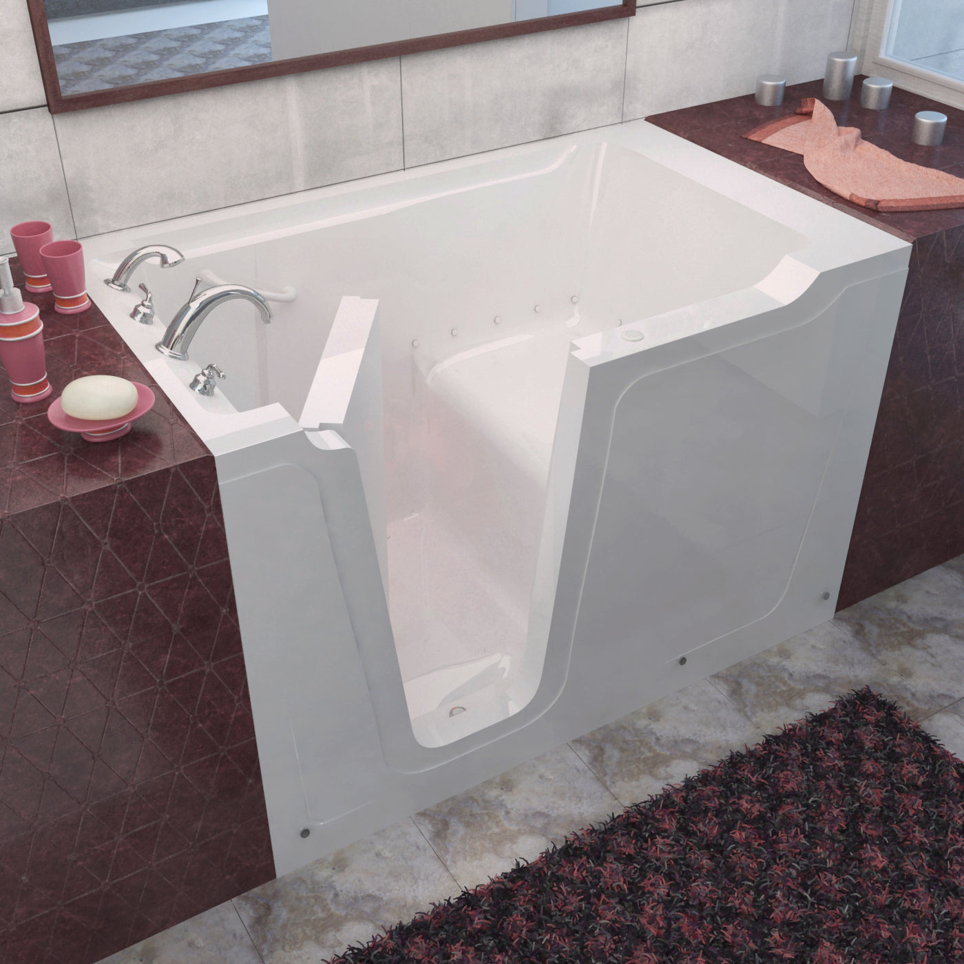 MediTub white 36x60 left-drain air-jetted walk-in bathtub in a bathroom with chrome faucets.