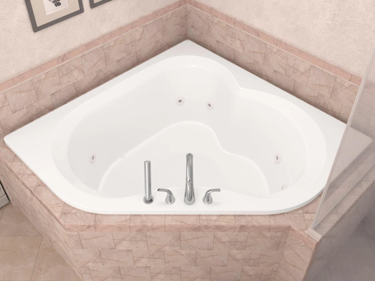 Beryl Series 84 in. x 62 in. Corner Whirlpool Bathtub with Center drain and V-Style Back Jets in Glossy Smooth White
