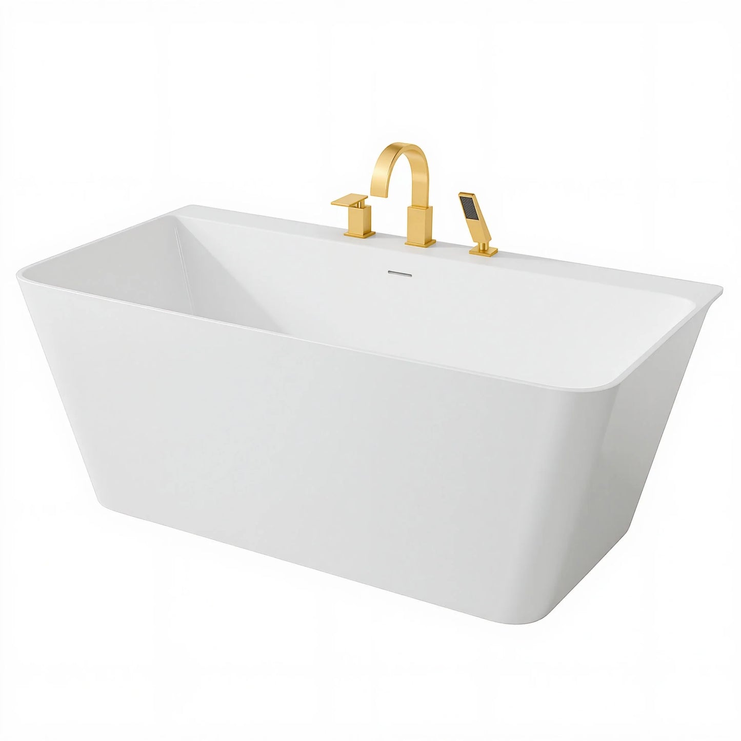 Vault Series 59 in. x 30 in. Flat Bottom Acrylic Freestanding Soaking Bathtub with Center Drain, Brushed Gold Faucet