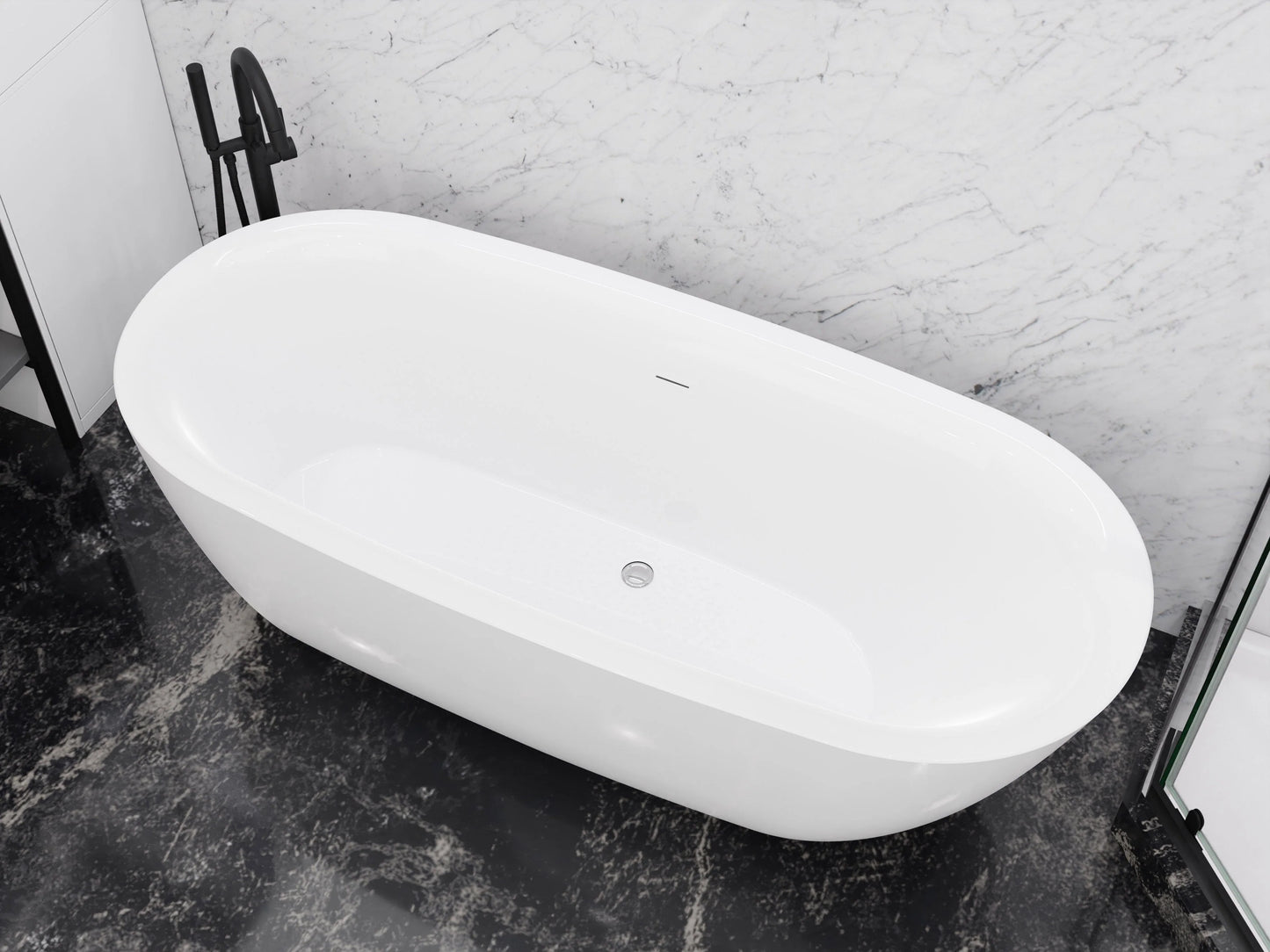 Ami Series 59 in. x 30 in. Flat Bottom Acrylic Freestanding 79 Gallon Soaking Bathtub with Center Drain in Glossy White