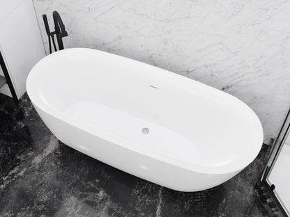 Ami Series 59 in. x 30 in. Flat Bottom Acrylic Freestanding 79 Gallon Soaking Bathtub with Center Drain in Glossy White