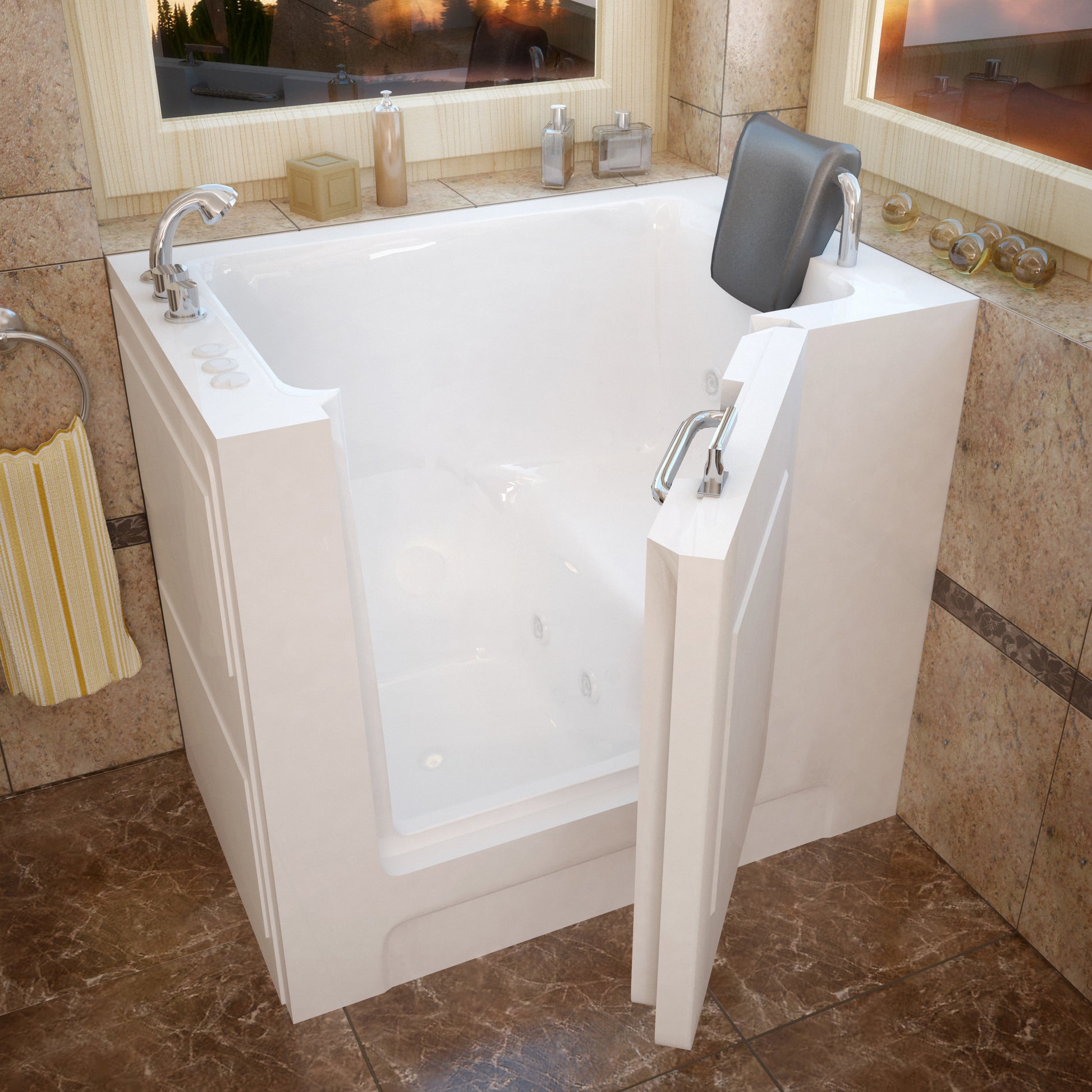 MediTub white left-drain whirlpool walk-in bathtub, 27x39 in, gray headrest, chrome fixtures.