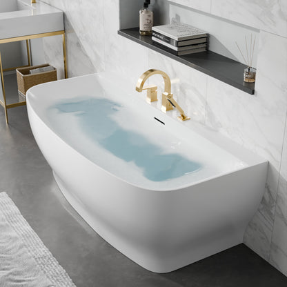 Bank Series 65 in. x 31 in. Flat Bottom Acrylic Freestanding Soaking Bathtub with Center Drain, Brushed Gold Faucet