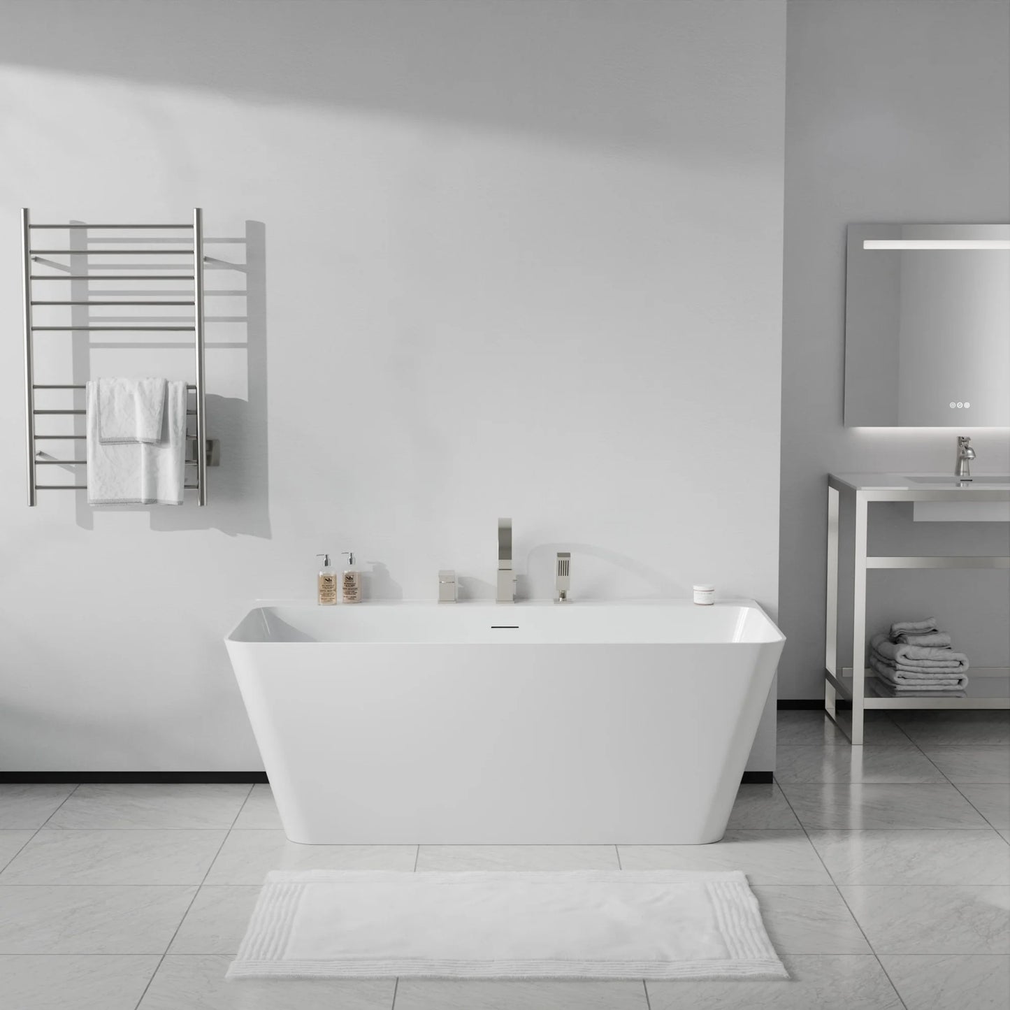 Vault Series 67 in. x 32 in. Flat Bottom Acrylic Freestanding Soaking Bathtub with Center Drain, Brushed Nickel Faucet