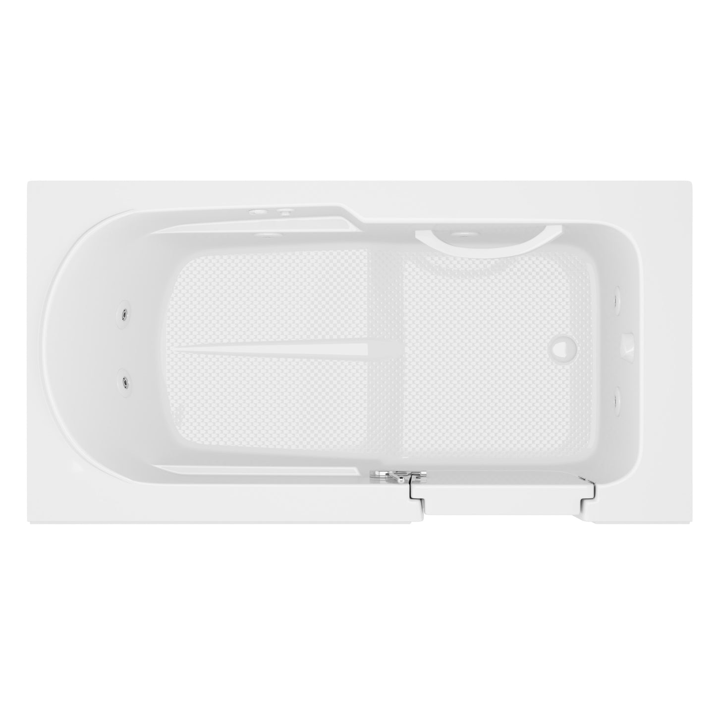 MediTub 30 x 59 white whirlpool jetted bathtub, top-down view with right drain.