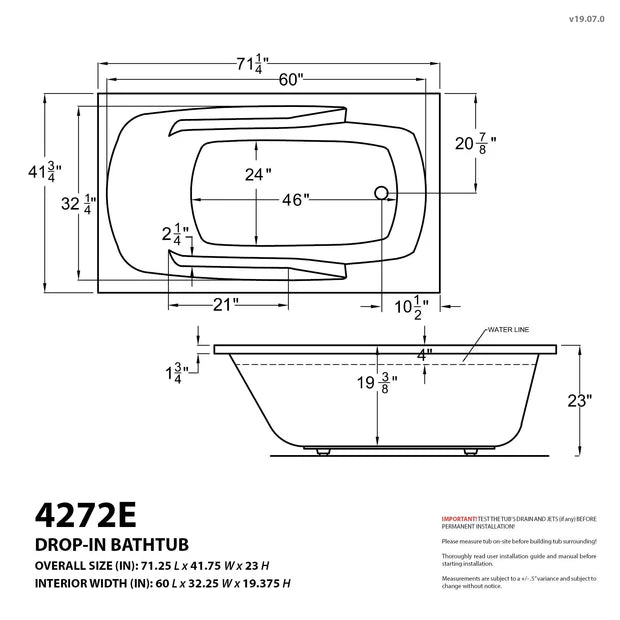 Eros 42 x 72 Rectangular Air Bathtub with Left Side Drain and Aromatherapy in Glossy Smooth White