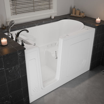 MediTub Collection 32x60 left-side drain air-jet alcove bathtub in white with dark marble surround