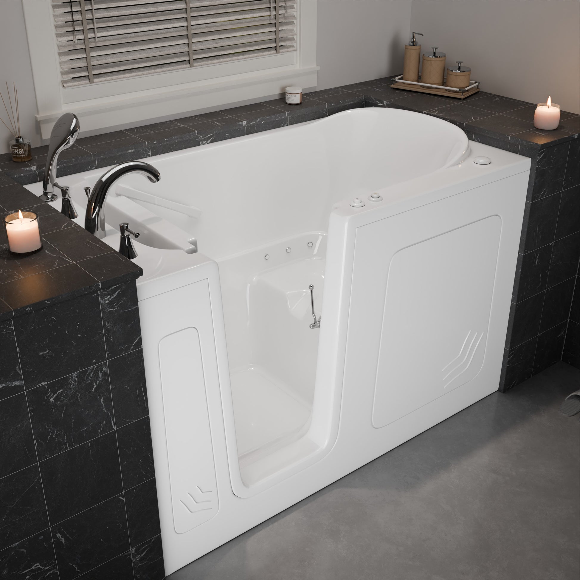 MediTub Collection 32x60 left-side drain air-jet white bathtub with aroma therapy, set in black marble surround.