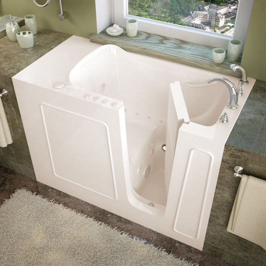 MediTub walk-in bathtub 26x53, biscuit color, right drain, whirlpool and air jets in bathroom.