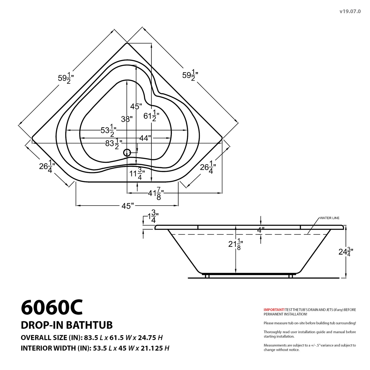 Cascade 60 in. x 60 in. Corner Soaking Bathtub with Center Drain in White
