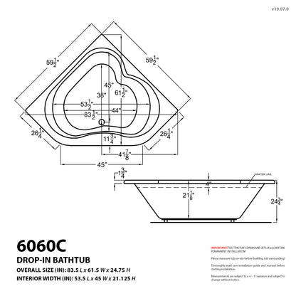 Cascade 60 in. x 60 in. Corner Soaking Bathtub with Center Drain in White