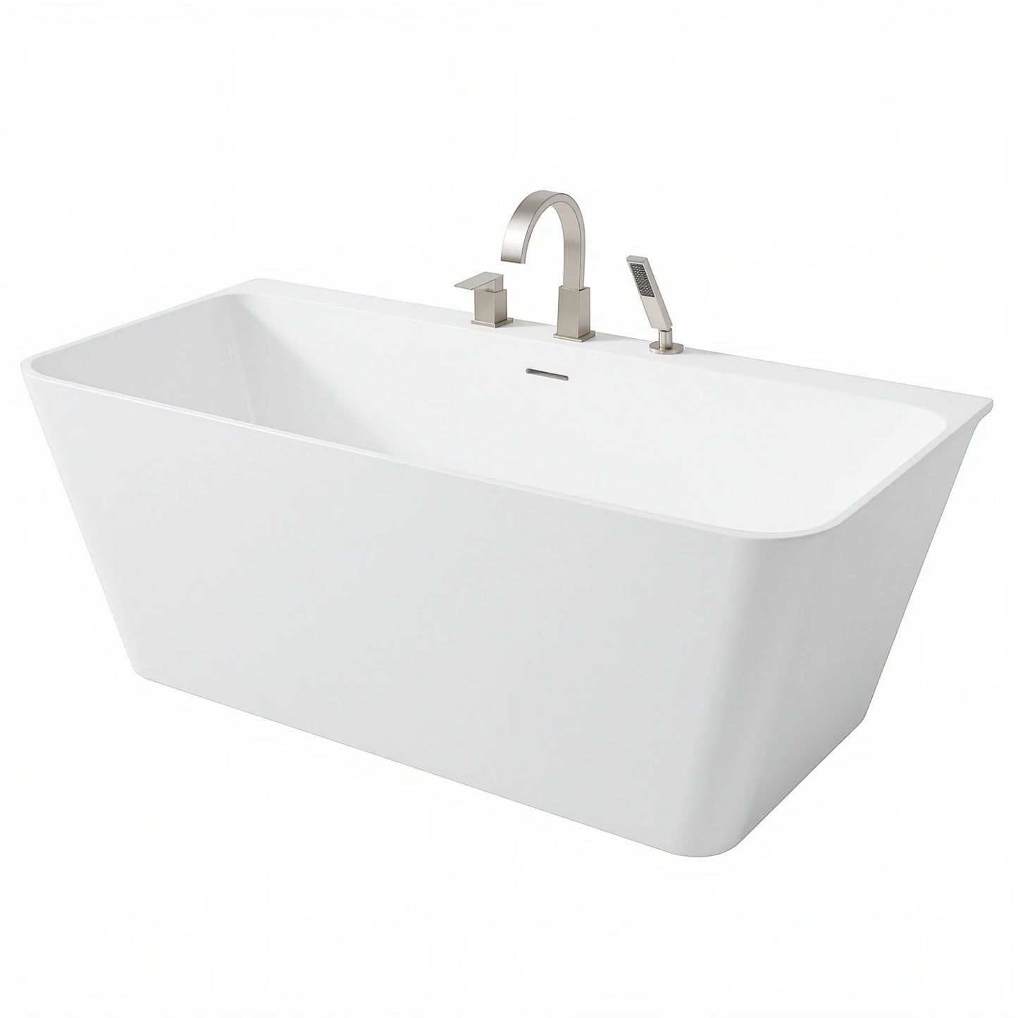 Vault Series 59 in. x 30 in. Flat Bottom Acrylic Freestanding Soaking Bathtub with Center Drain, Brushed Nickel Faucet