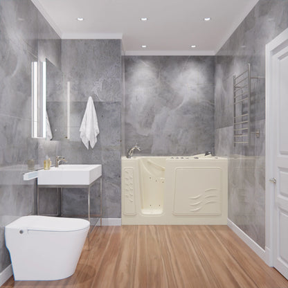 Nimbus Series 30 in. L x 59 in. W Right Side Drain Dual Jetted Bathtub in Biscuit with Microbubbles Jet