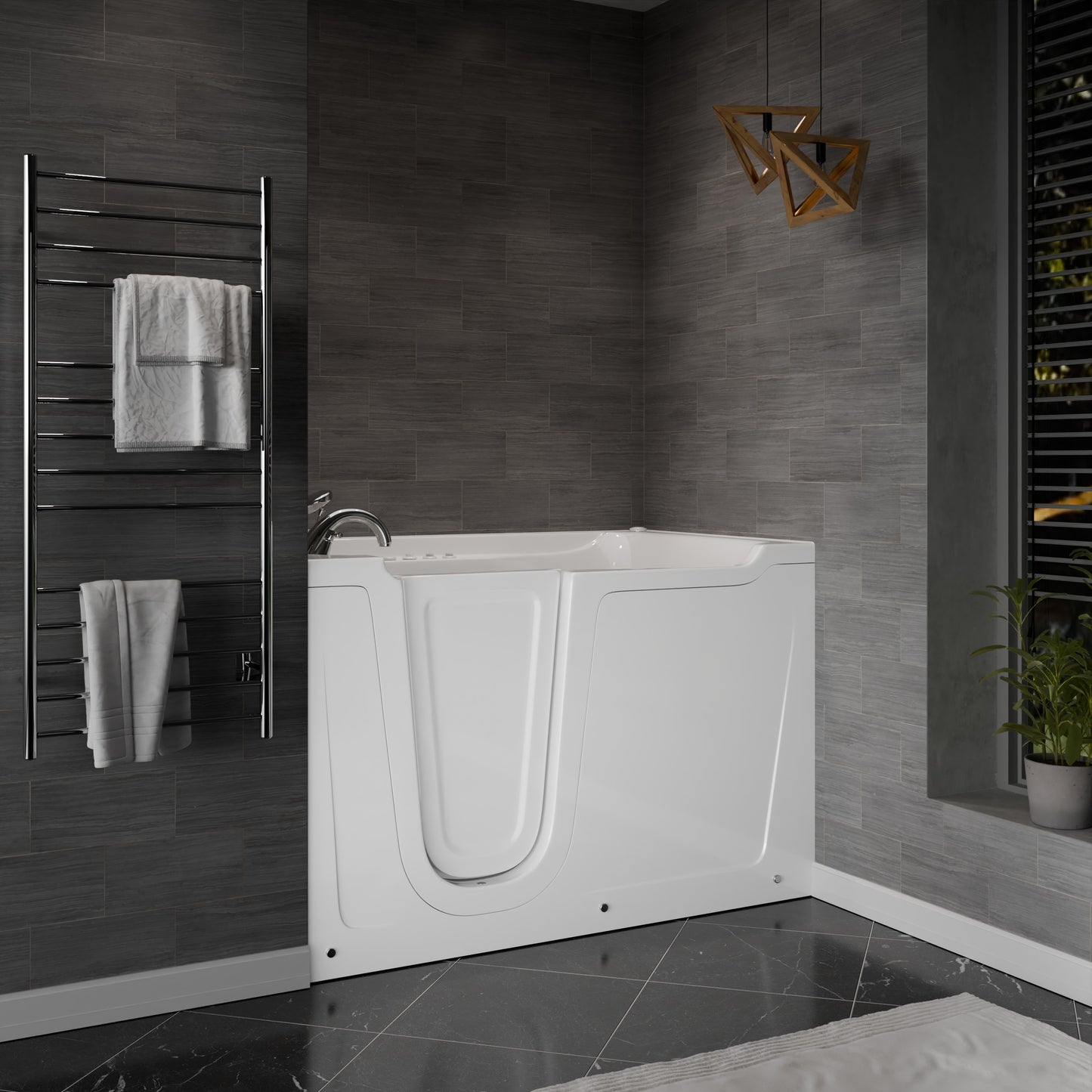 MediTub 36x60 left-side drain white jetted bathtub with powered fast drain in a gray-tiled bathroom.