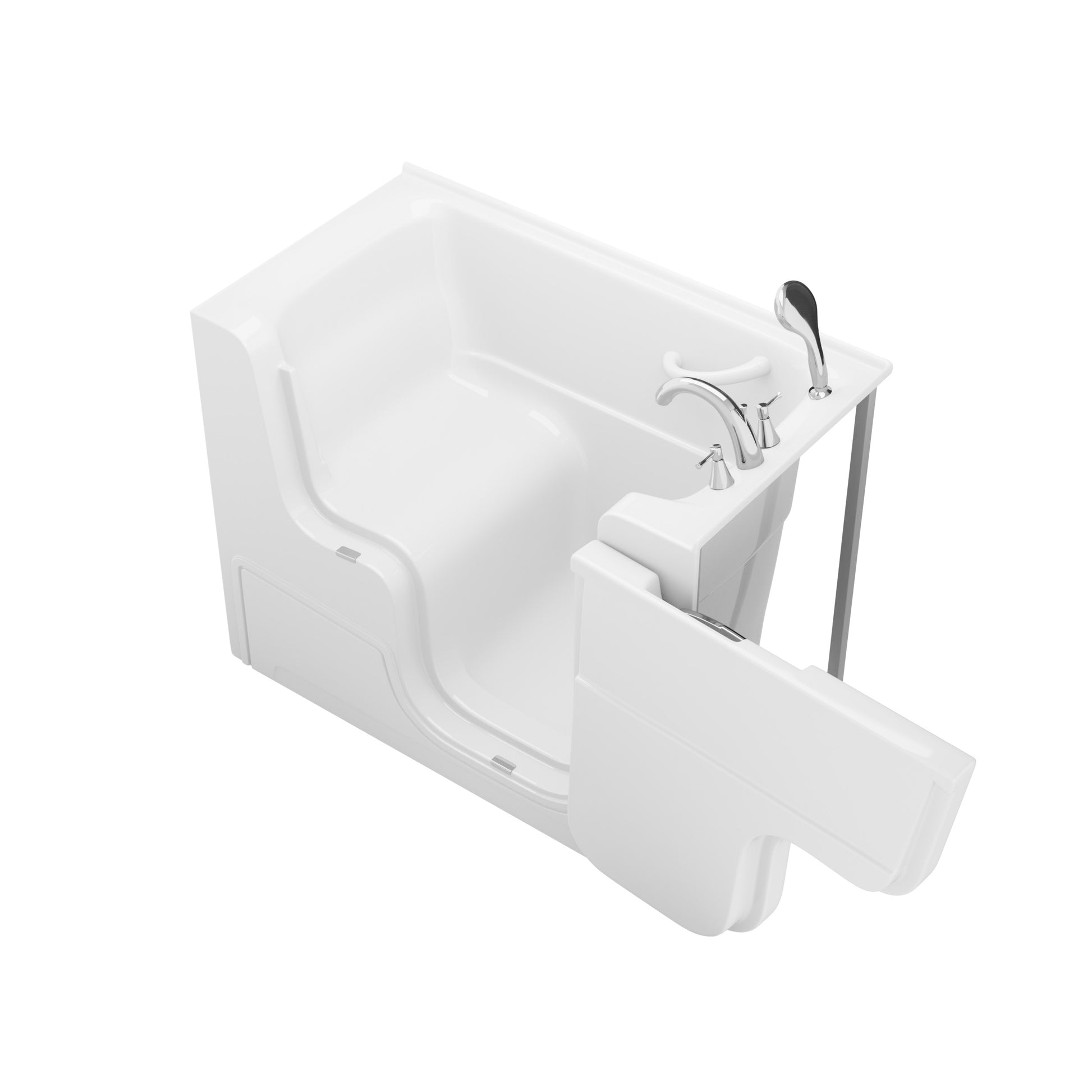 MediTub Collection right-side drain white soaking bathtub faucet set with chrome fixtures.