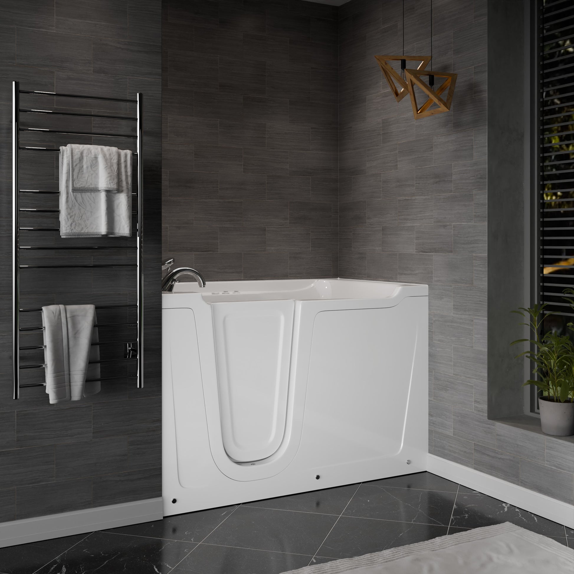 MediTub 36x60 Whirlpool Jetted Bathtub with left drain in white, shown in a dark tiled bathroom.