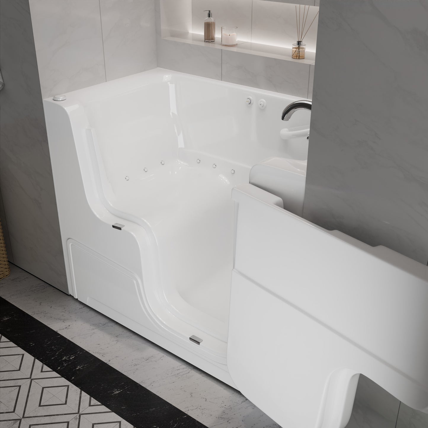 MediTub drop-in bathtub 29 x 52, white, with right-side drain and aroma/chroma therapy air jets.