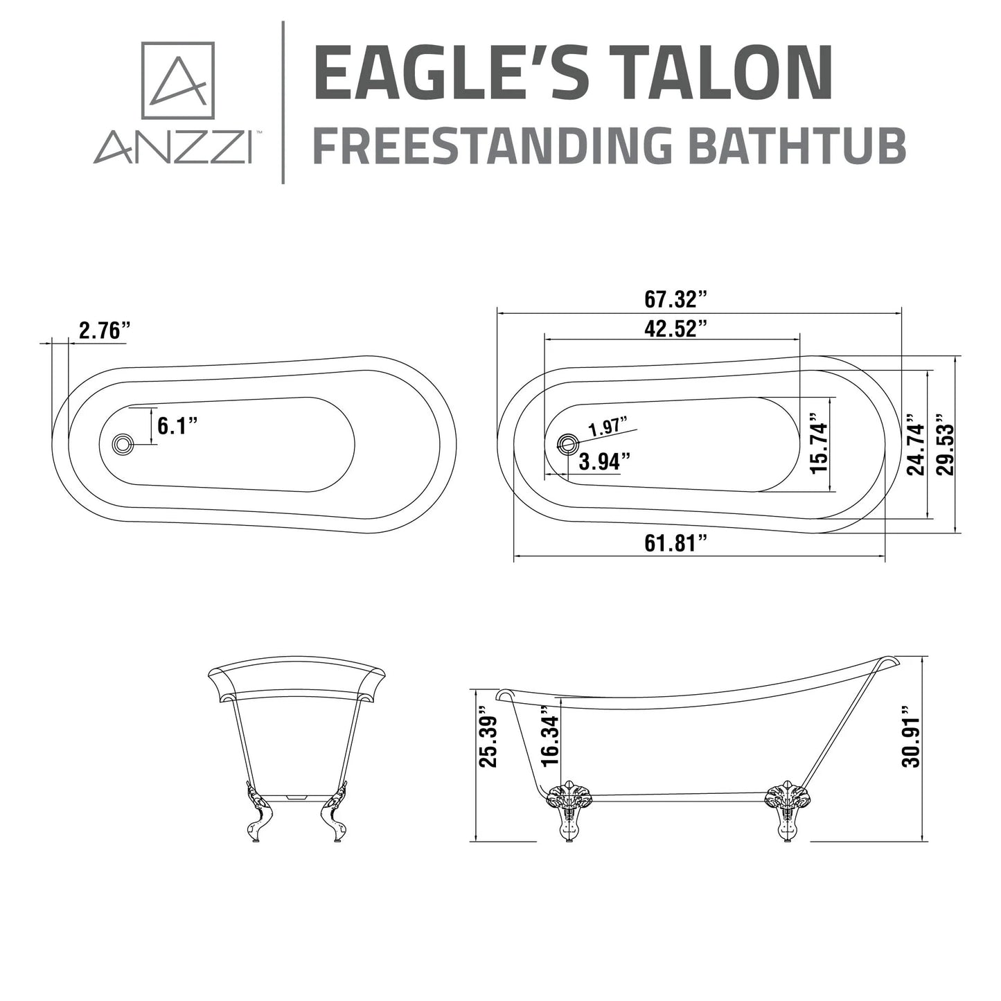 Clawfoot Series 67 in. x 30 in. Soaking Freestanding Bathtub with Center Drain in White with Polished Chrome Feet