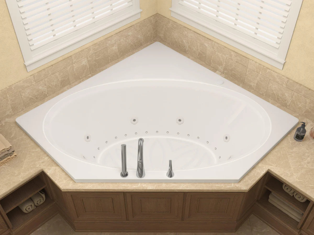 Mali 83 in. x 62 in. Corner Whirlpool and Air Bathtub with Center drain and VS Jets and Aromatherapy in Glossy White