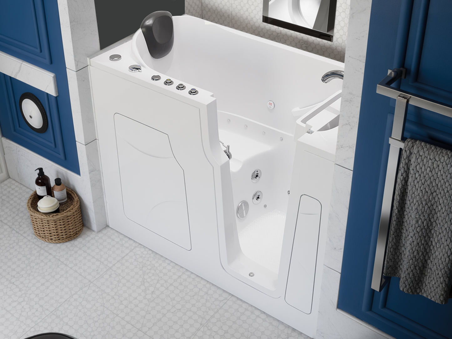 MediTub Celeste Series walk-in tub, white, 53–60 in x 28 in, right drain, air and whirlpool jets
