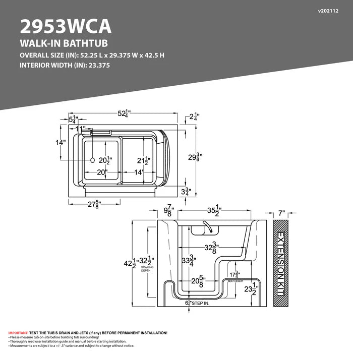 Coupe Series 29 in. x 53 in. Right Drain Wheelchair Access Walk-In Soaking Tub in White