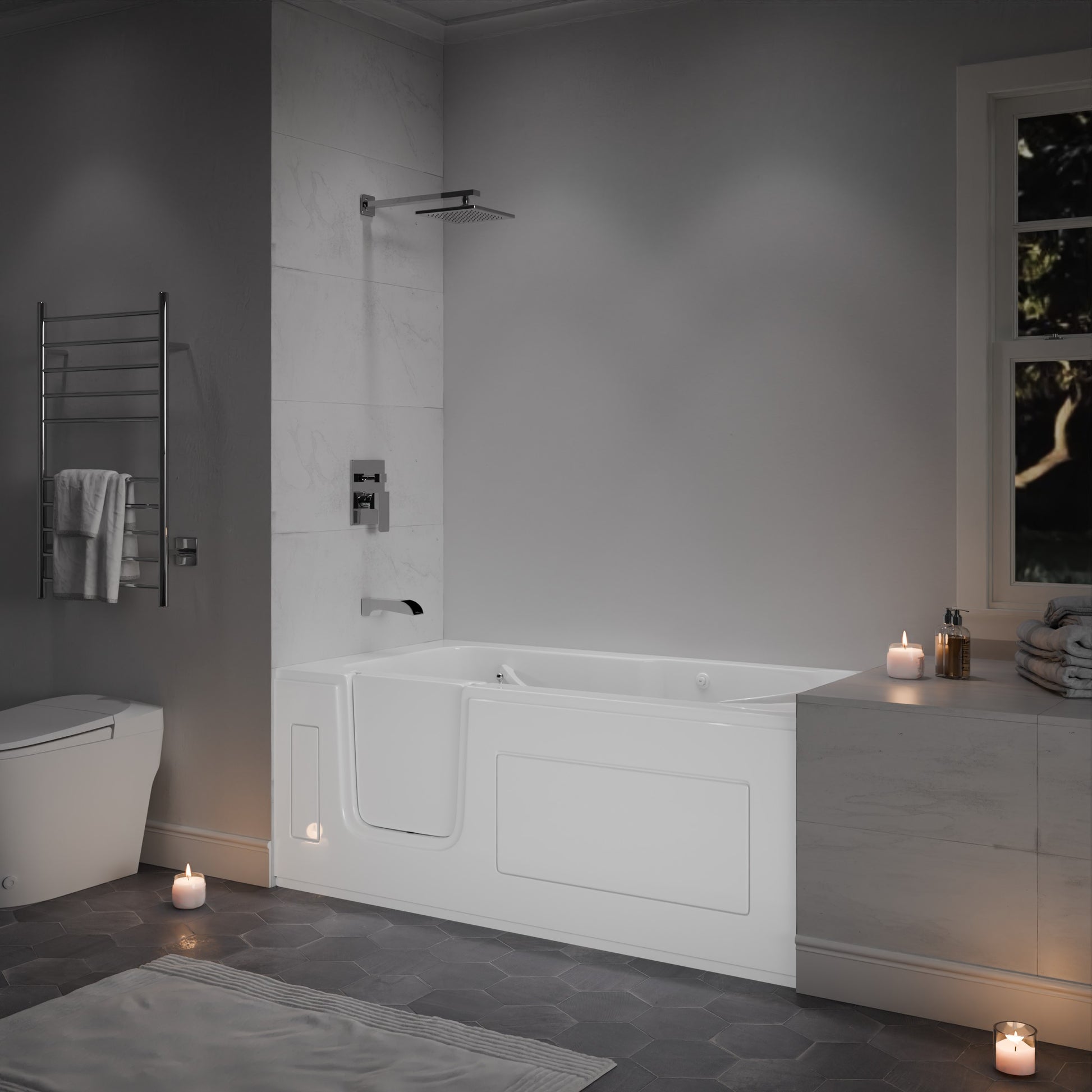 MediTub left-drain 30x59 walk-in air bathtub, white; alcove tub with chrome fixtures