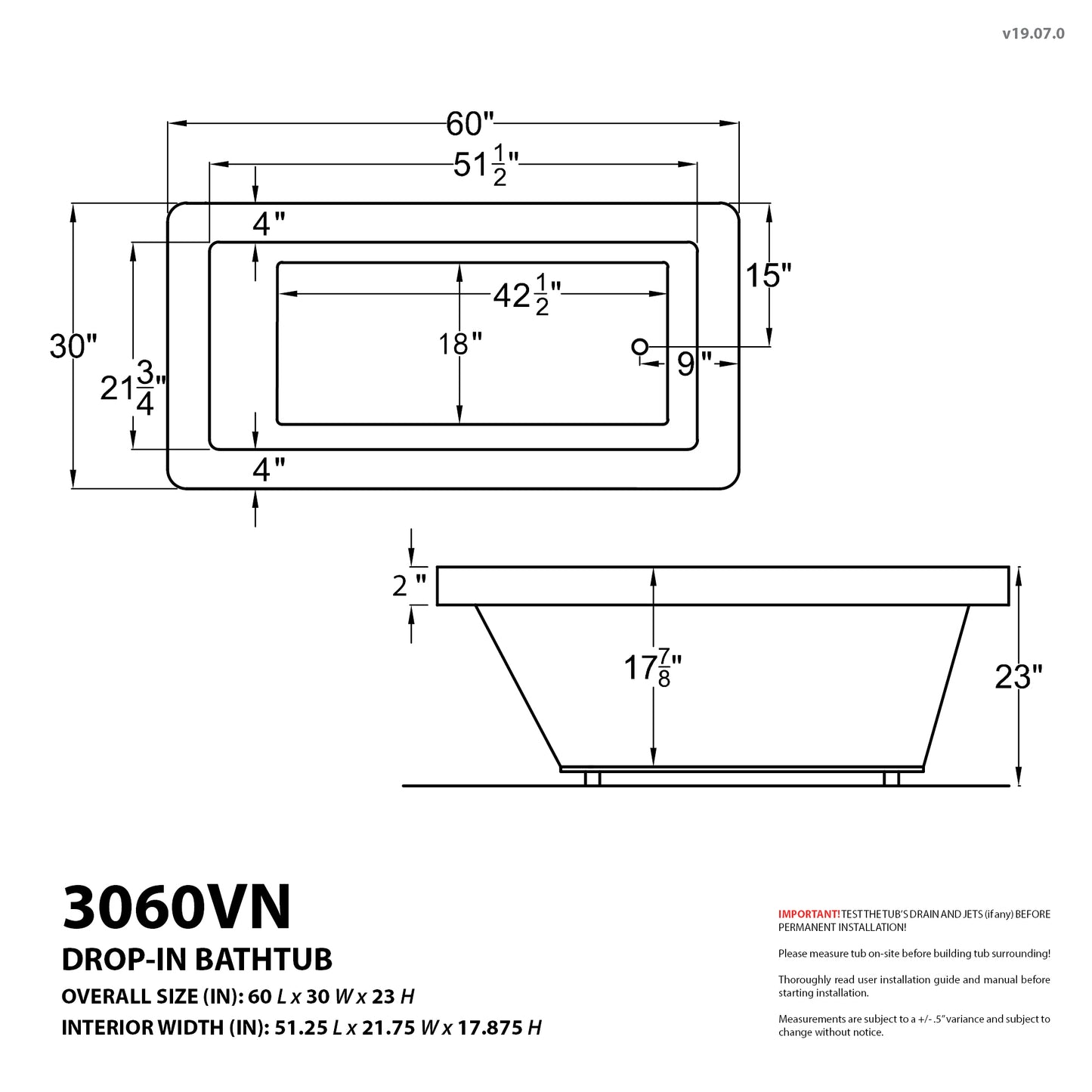 Venetian 30 x 60 Rectangular Soaking Bathtub with Reversible Drain