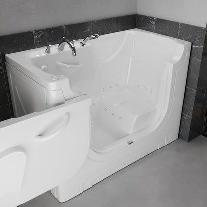 White alcove bathtub with left-side drain, chrome faucet, and built-in jets