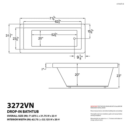 Venetian 32 x 72 Rectangular Air & Whirlpool Jetted Bathtub with Reversible Drain