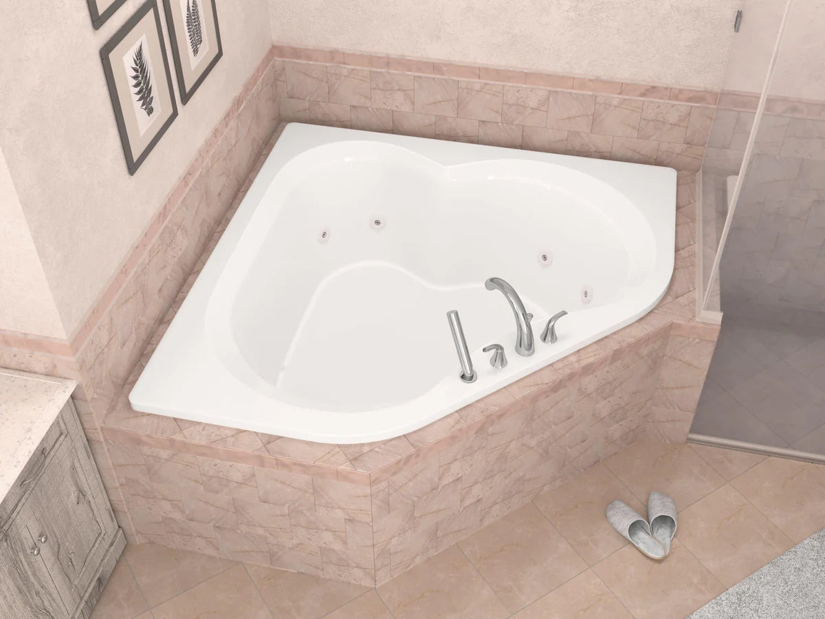 Beryl Series 84 in. x 62 in. Corner Whirlpool Bathtub with Center drain and V-Style Back Jets in Glossy Smooth White