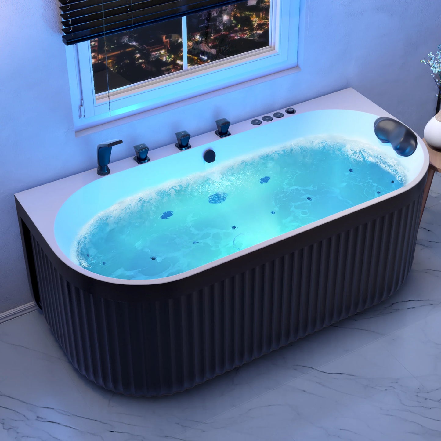Stone Bell 67 in. Flatbottom Freestanding Whirlpool and Air Bathtub with Center Drain and Faucet in Black and White