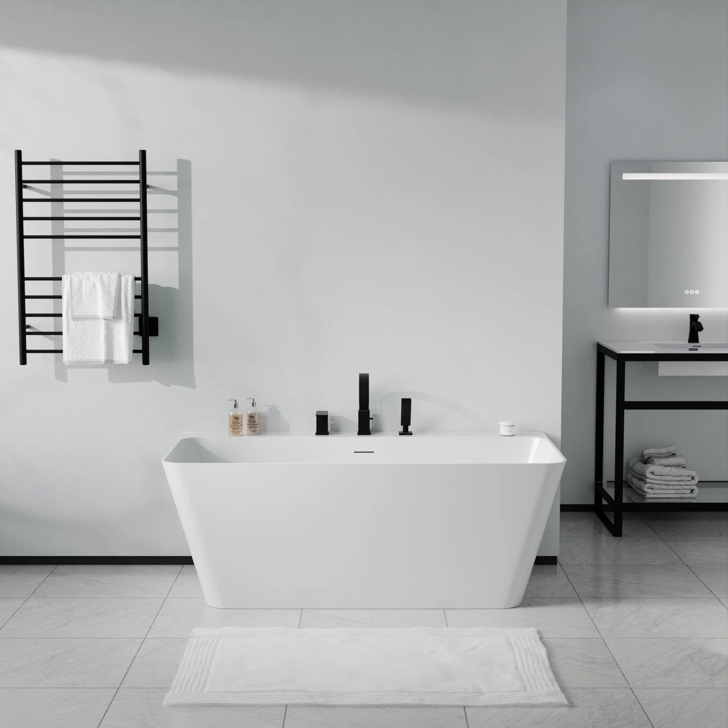 Vault Series 59 in. x 30 in. Flat Bottom Acrylic Freestanding Soaking Bathtub with Center Drain, Chrome Faucet