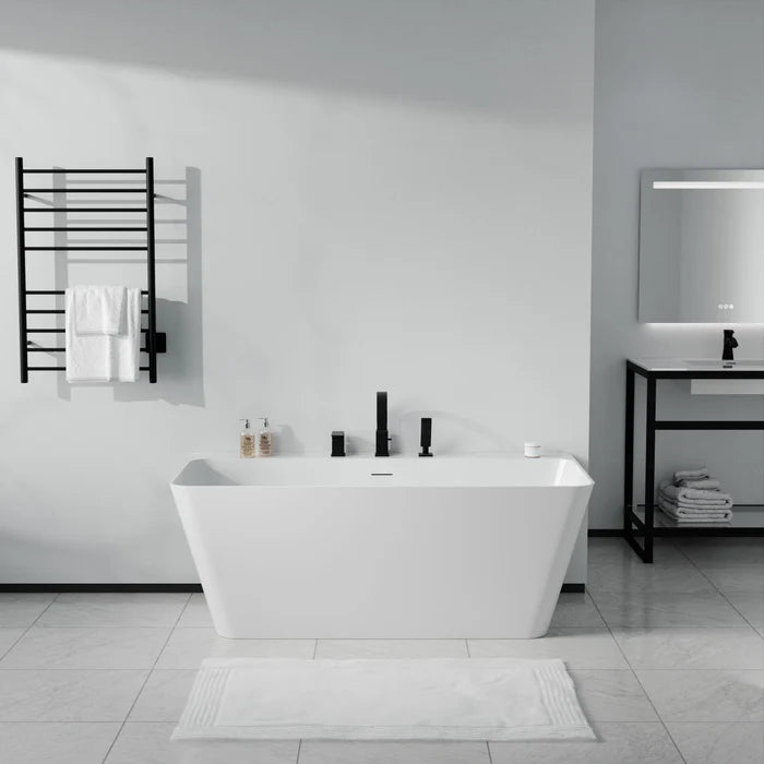 Vault Series 59 in. x 30 in. Flat Bottom Acrylic Freestanding Soaking Bathtub with Center Drain, Matte Black Faucet