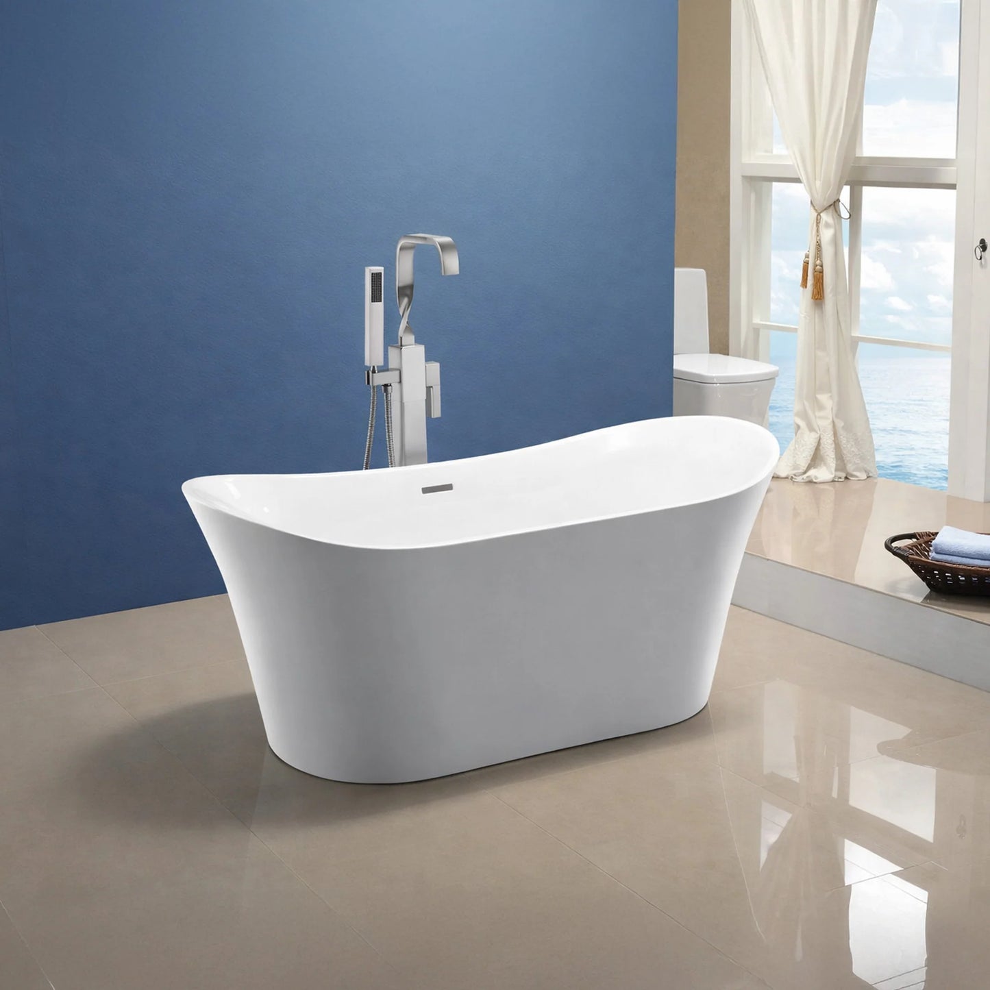 Anzzi Eft Series freestanding bathtub, white acrylic fiberglass reinforced, chrome faucet