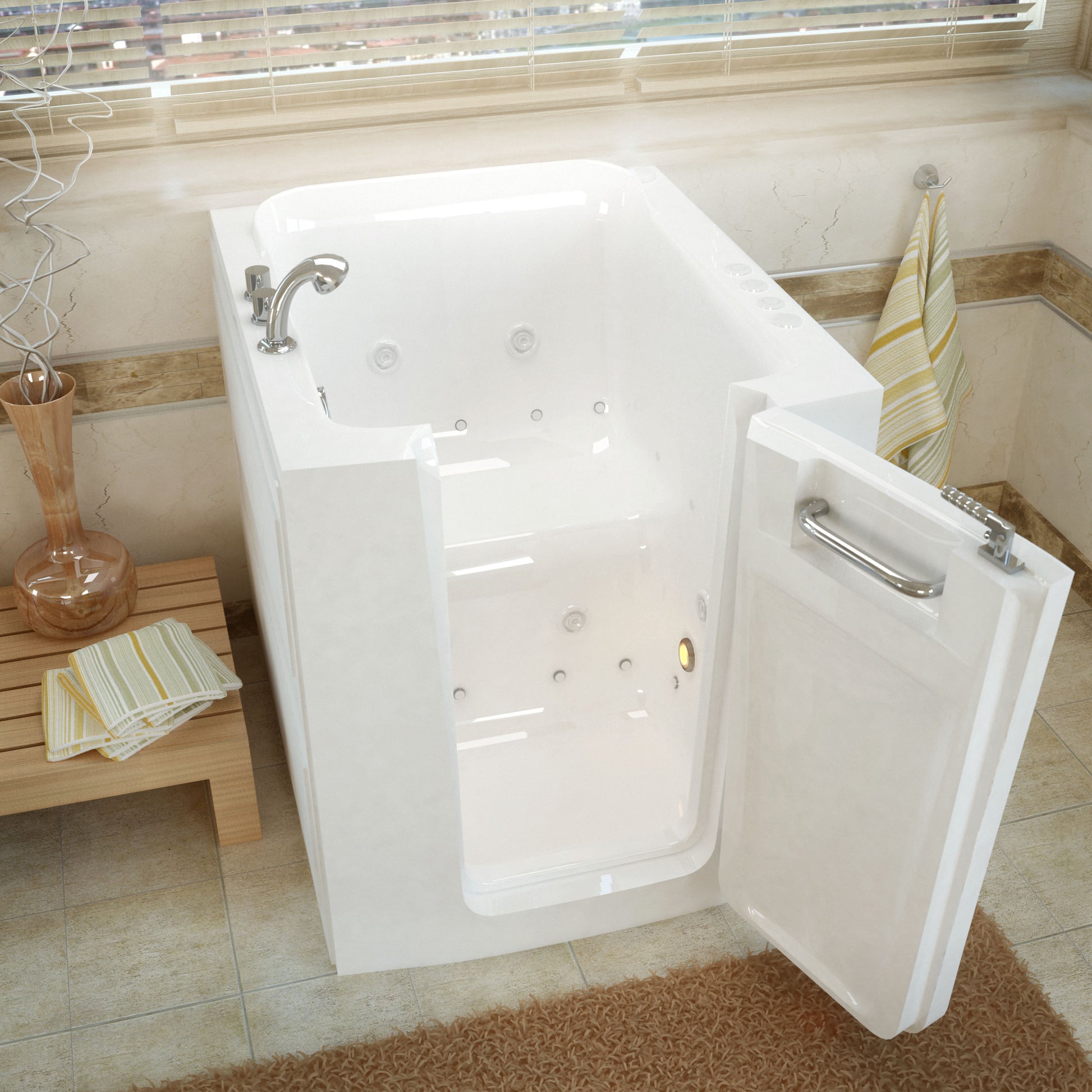 MediTub walk-in bathtub with right-door, white finish and whirlpool/air jets.