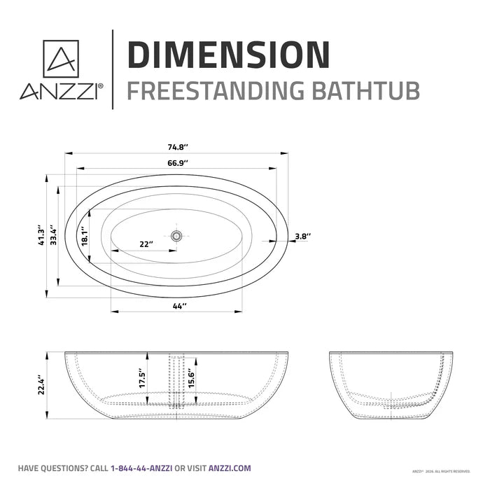 Lusso Series 76 in. x 41 in. Flat Bottom Solid Surface Freestanding Soaking Bathtub with Center Drain in Matte White