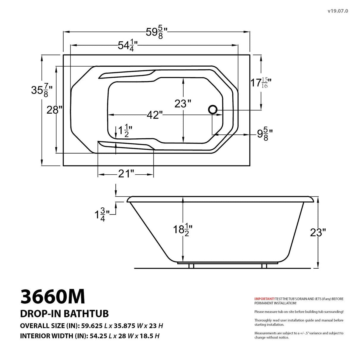 Mirage 36 x 60 Rectangular Air and Whirlpool Jetted Bathtub in White with Reversible Drain