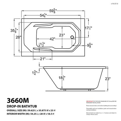 Mirage 36 x 60 Rectangular Air and Whirlpool Jetted Bathtub in White with Reversible Drain