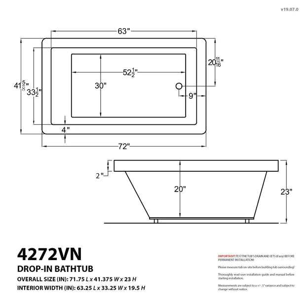 Venetian 72 in. x 41 in. Rectangular Air Bathtub with Right Side Drain and Aromatherapy in Glossy Smooth White