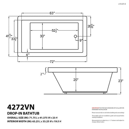 Venetian 72 in. x 41 in. Rectangular Air Bathtub with Right Side Drain and Aromatherapy in Glossy Smooth White